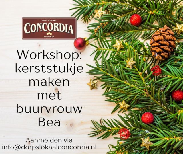 Ook dit jaar gaan we weer kerststukjes maken bij Concordia.

Op donderdag 12 december vanaf 19:00 uur zal buurvrouw Bea klaar staan om de deelnemers te voorzien van alle benodigdheden en tips om een mooi kerststuk te kunnen maken.
Deelname aan de workshop bedraagt €30,- 
Er zijn maar een beperkt aantal plekken dus vol = vol.
Uiteraard mogen de zelfgemaakte kerststukken aan het eind mee naar huis.